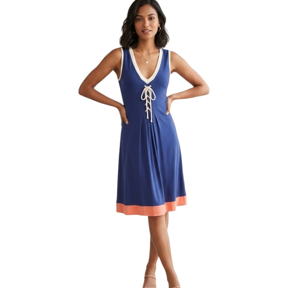 Revolve Lamade Blue & Orange Jersey Knit Lace Up V-neck Sleeveless Tank Dress S